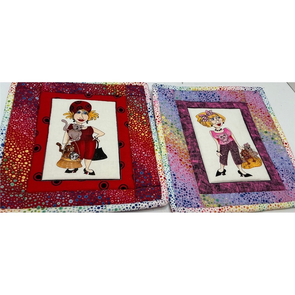 Quilted Pot Holders Cat Lady Whimsical Cotton Setโ of 2 Multi Color